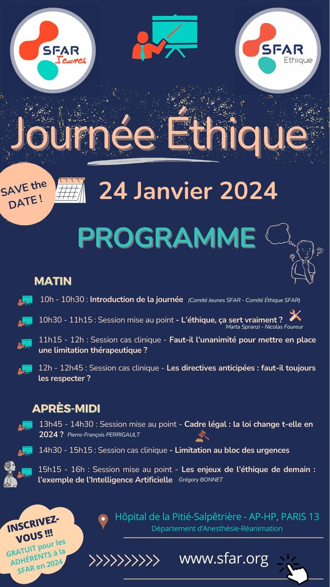 📆 Le 24/01, Journée Ethique du comité <a href="/SFARJeunes/">SFAR Jeunes</a>

✍️ Inscription ➡️ sfar.org/evenement/jour…

🚨 Les places partent vite !

<a href="/AJARFrance/">AJAR France 🇫🇷</a> <a href="/cnear_fr/">CNEAR Anesthésie Réanimation</a> <a href="/ISNItwit/">ISNI - InterSyndicale Nationale des Internes</a> <a href="/SNPHARE/">SNPHARE</a> @IADE_de_France @SNjeunesAR <a href="/contactfnir/">Fédération Nationale des Infirmiers de Réanimation</a> <a href="/SNIA75/">SNIA : Syndicat Nal des #IADE</a>