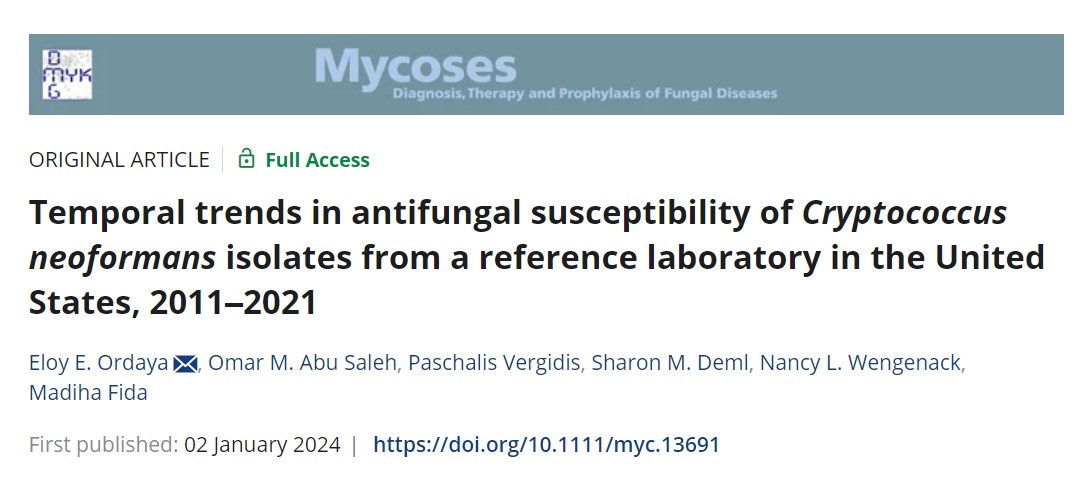 Publication Alert Starting 2024 with a new fellow publication! This study by Dr. @EloyOrdayaMD reports on temporal trends in antifungal susceptibility of Cryptococcus neoformans. @pascalisID @MadihaFidaMD @omarabusaleh15 bit.ly/3RGxcfX