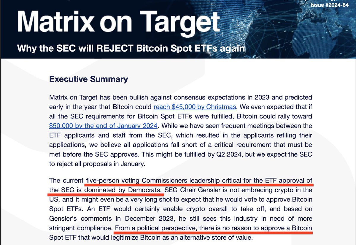 UPDATE ‼️ Bitcoin price dumped 9% in 1 hour on the basis of a report by Matrixport predicting an SEC rejection of ALL Bitcoin ETF applications.

Their justification? Politics.

- 5 voting commissioners are Democrats.
- Democrats don't like 'crypto'.
- Applicants haven't satisfied