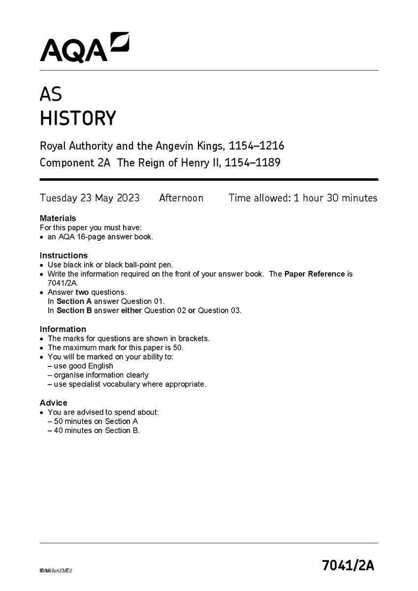 paper29397's tweet image. AQA AS HISTORY PAPER 2 2023 (7041/2A: Royal Authority and the Angevin Kings, 1154–1216 Component 2A The Reign of Henry II, 1154–1189)  
#AQAAS #historypaper2 #7041/2A #fliwy 
fliwy.com/item/378869/aq…