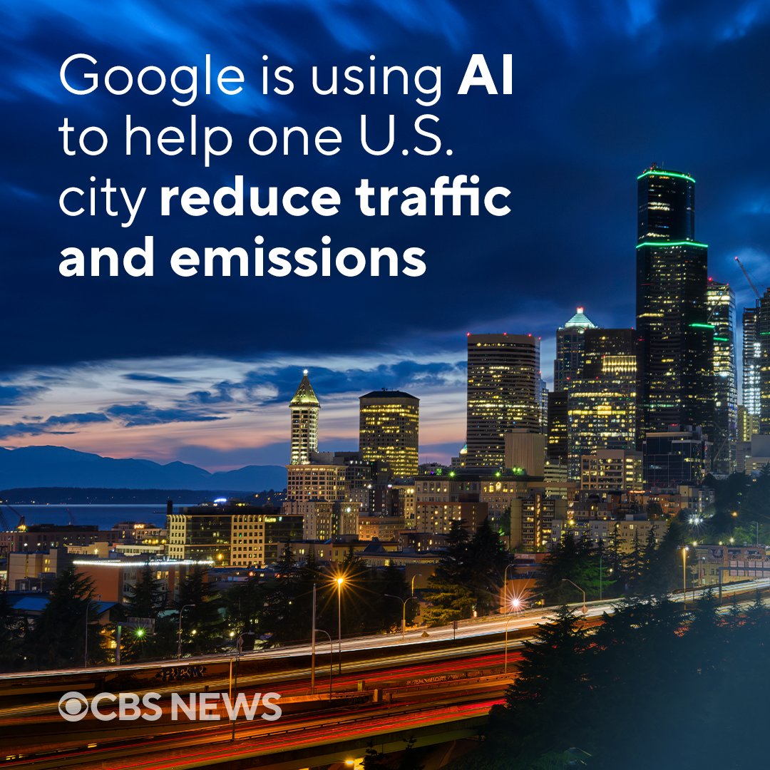 CBSNews's tweet photo. Getting stuck in traffic and hitting several red lights in a row isn’t just frustrating and bad for stress levels, it’s also bad for the environment. But one U.S. city is getting help from a tech giant and artificial intelligence to solve this problem. https://t.co/puTURizD0Q https://t.co/QA6MPEazTh