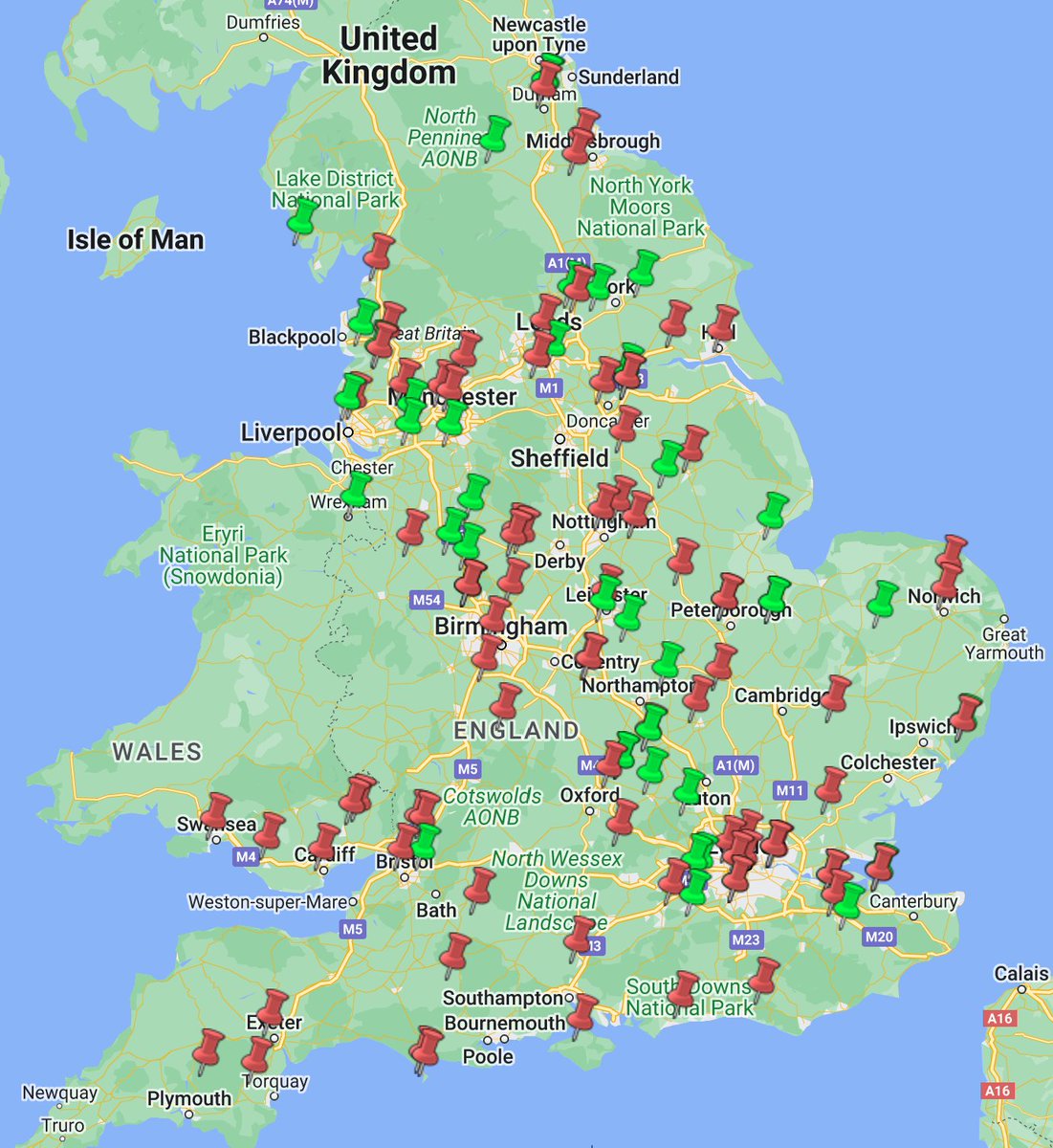 Two-thirds of prisons in England and Wales are overcrowded.   

This has been visualised by Peter C. Bell  (<a href="/dolphinpcb/">Peter C. Bell</a>) who has built and maintains an interactive map showing overcrowding data. Each red pin on the map denotes a prison that is overcrowded.