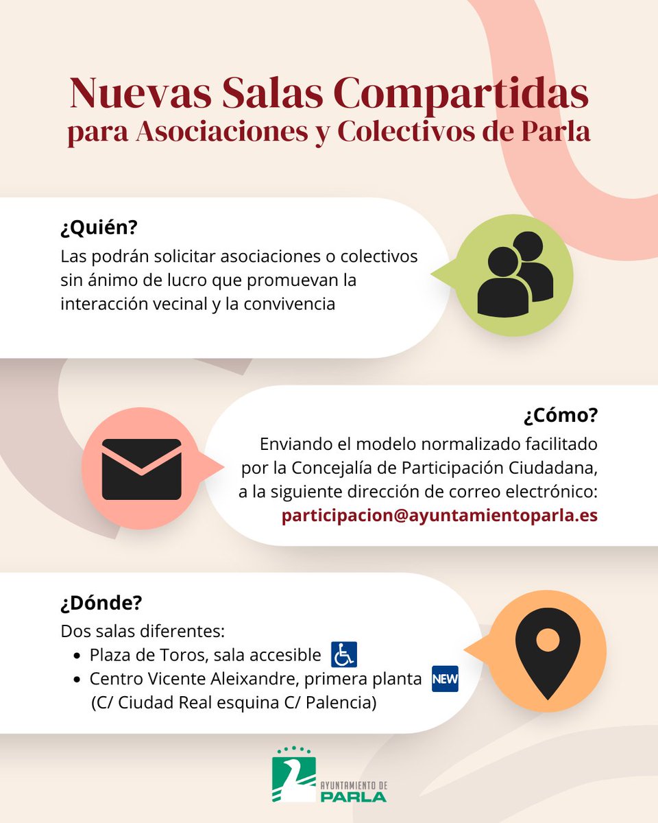 PodemosIU_Parla's tweet photo. ℹ️ Os recordamos que desde la Concejalía de Participación Ciudadana hemos puesto salas compartidas a disposición de asociaciones y colectivos de #Parla para uso puntual.

💜❤️ Seguimos #TransformandoParla https://t.co/y9HwXu1egU
