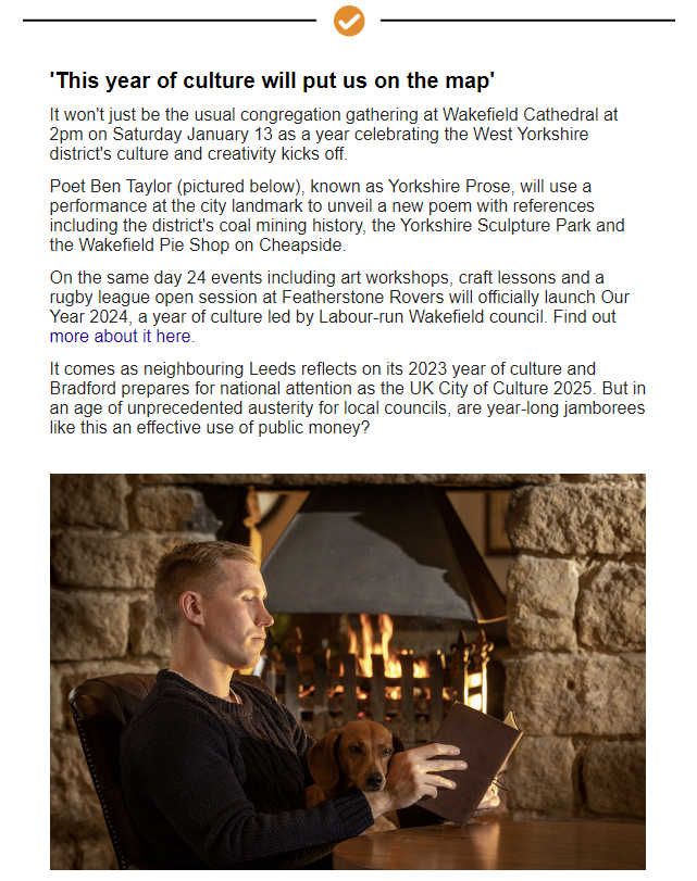 Rob Parsons (@robparsonsnorth) on Twitter photo Leeds had one last year, 2025 will be Bradford's turn and this year it's Wakefield (launched with help from <a href="/YorkshireProse/">Yorkshire Prose</a>)
But are publicly-funded years of culture worth the money?
That's the question in today's Northern Agenda - read more/sign up at thenorthernagenda.co.uk Leeds had one last year, 2025 will be Bradford's turn and this year it's Wakefield (launched with help from <a href="/YorkshireProse/">Yorkshire Prose</a>)
But are publicly-funded years of culture worth the money?
That's the question in today's Northern Agenda - read more/sign up at thenorthernagenda.co.uk