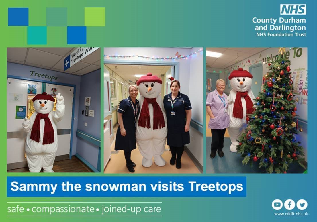 Sammy the Snowman loved meeting the children and staff on The Treetops Ward, University Hospital of North Durham. Big thanks to Eileen Thompson from Durham Hospital Radio, who presents The Treetops Show every Friday at 2pm for the children.⛄️