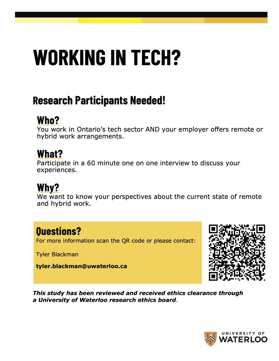 Tyler Blackman (@tyler_blackman1) on Twitter photo Folks working in Ontario's tech sector, I am doing interviews for a study on #remotework and #hybridwork work. If you are interested, you can DM me or email tyler.blackman@uwaterloo.ca for more info. RT/sharing welcome! #CanadaTech #TechTO #Kitchener #Waterloo #TorontoTech Folks working in Ontario's tech sector, I am doing interviews for a study on #remotework and #hybridwork work. If you are interested, you can DM me or email tyler.blackman@uwaterloo.ca for more info. RT/sharing welcome! #CanadaTech #TechTO #Kitchener #Waterloo #TorontoTech