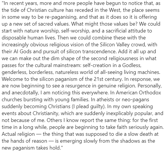 'the real story is that our religious sensibility is slowly revealing itself to us again, emerging blinking into the light; our instincts are trying to return to their source'