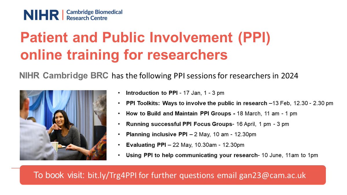 Places are filling up fast for this year’s Patient & Public Involvement (PPI) training. Lots of useful sessions to help you with your PPI. Book your place here➡️bit.ly/Trg4PPI @CUH_NMAresearch @CNRGCAM @RoyalPapRes @CPFT_Research @NIHRCRNeoe @MRC_Epid @CRUK_CI