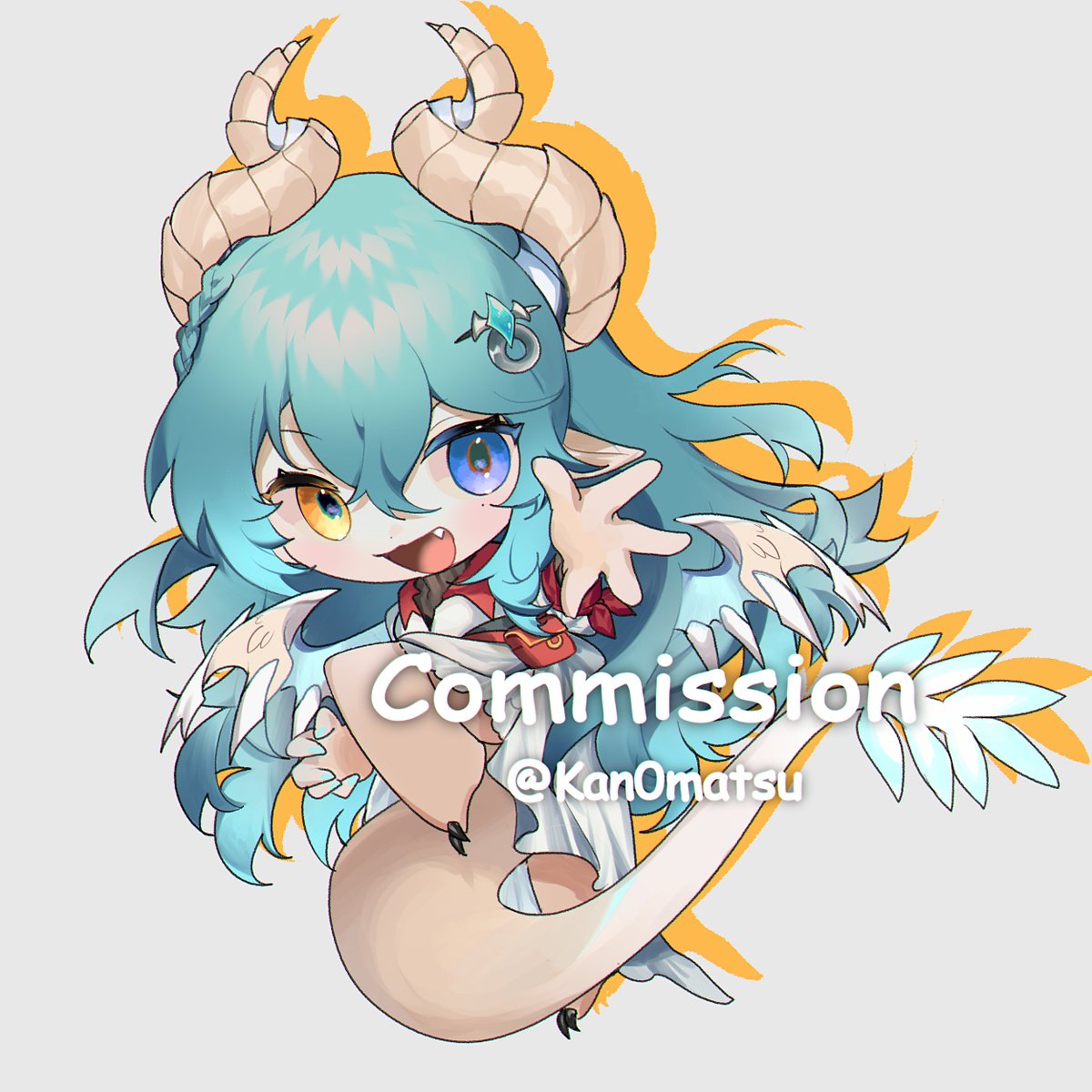 horns chibi tail long hair blue eyes solo fang  illustration images