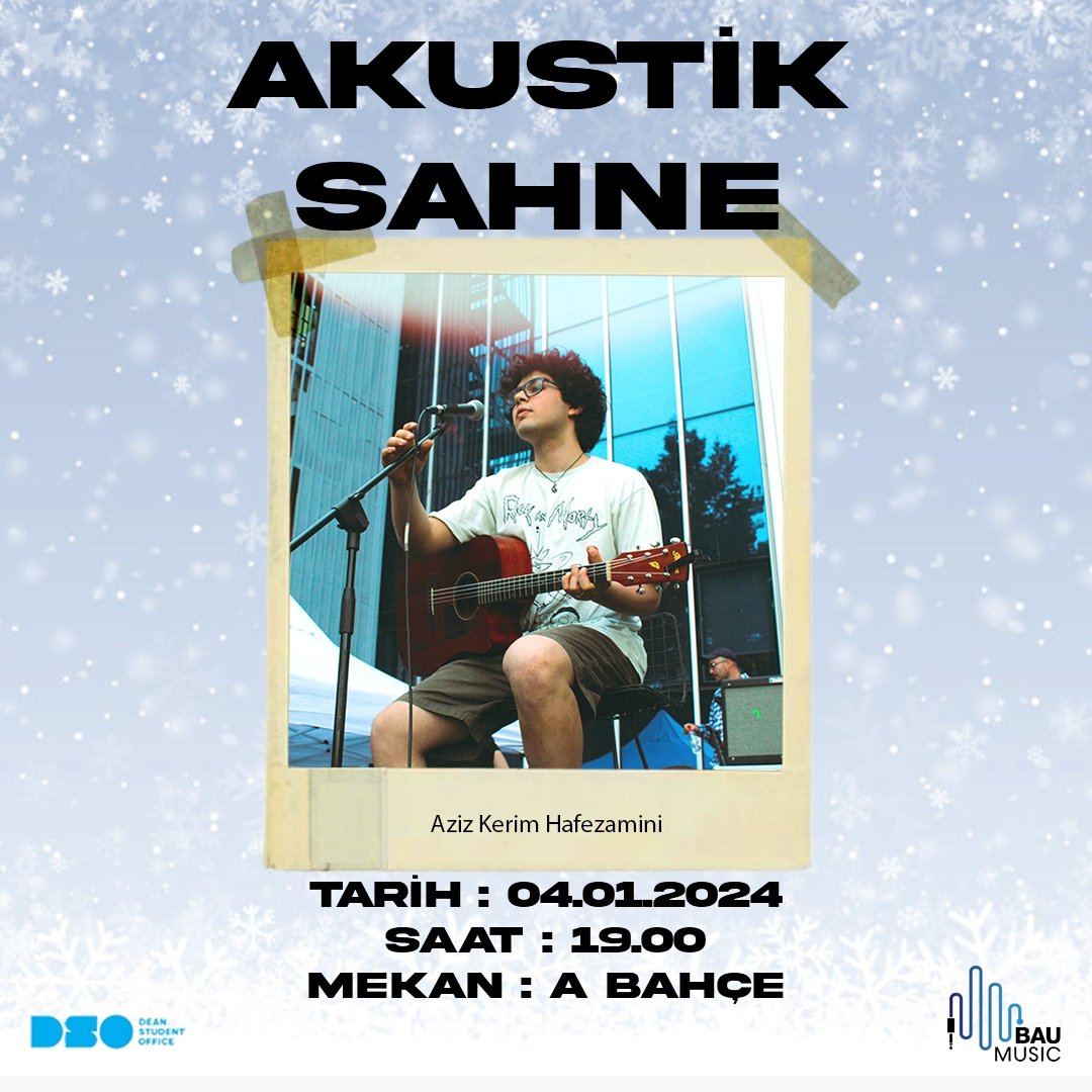 Yeni yılın ilk Akustik Sahnesi ile karşınızdayız 🎉 Bu hafta Akustik sahnemizde üyelerimizden Aziz Kerim Hafezamini sizlerle olacak! 🎸💙 Sizleri 4 Ocak Perşembe günü saat 19.00‘da A Bahçede bekliyor olacağız! Keyifli vakit geçirmek isteyen üm arkadaşlarımızı bekliyoruz 🤩