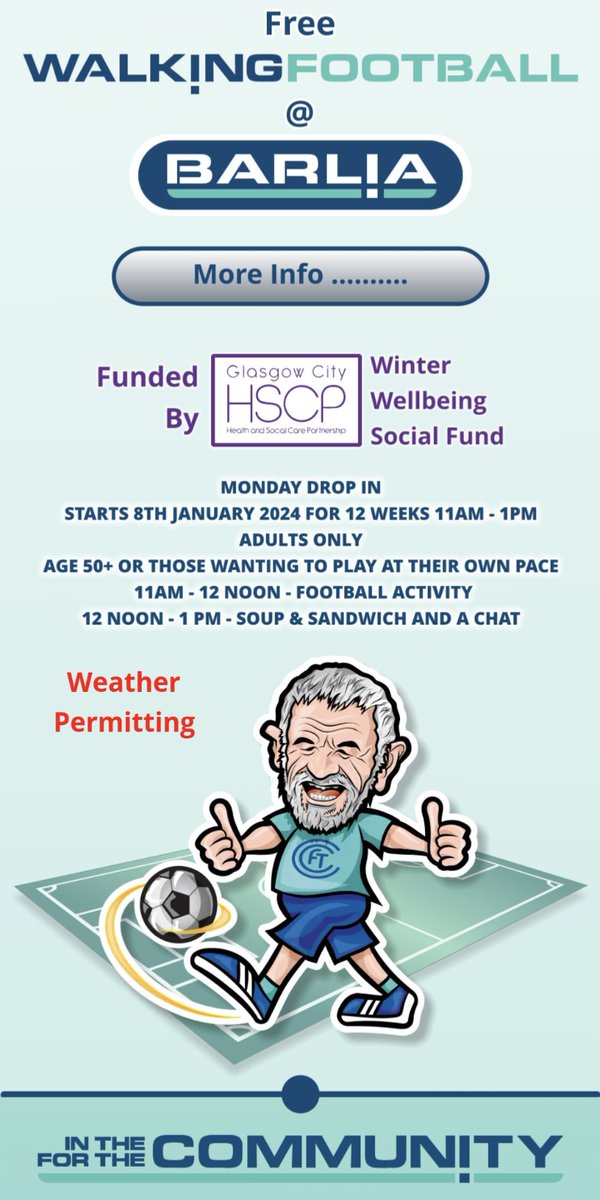 CmilkComFoot's tweet photo. Walking Football is coming to Barlia..

Monday 8th January 2024 - 12 weeks 
11am -12 noon football
12 noon -1pm soup and sandwich

Thanks to Glasgow HSCP Winter Wellbeing Social Fund.

#barliapitchesmatter 

#WalkingFootball 

#InTheCommunityForTheCommunity https://t.co/fTd7ZLqQzm