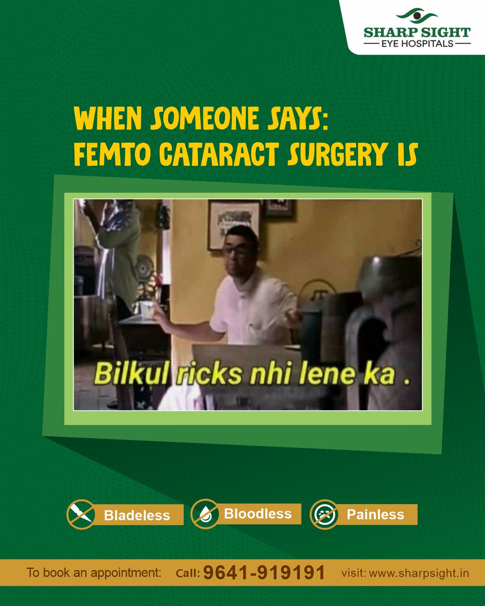 sharpsightdelhi's tweet image. NO space for risks - Trust Femto Cataract Procedure 😄
Embark on a vision revolution with Femto Cataract Surgery - precision meets clarity😎

Aao Accha Dekhein 🤝

#CataractSurgery #FemtoCataract #Clarity #EyeHospitals #SharpSight #AaoAcchaDekhein