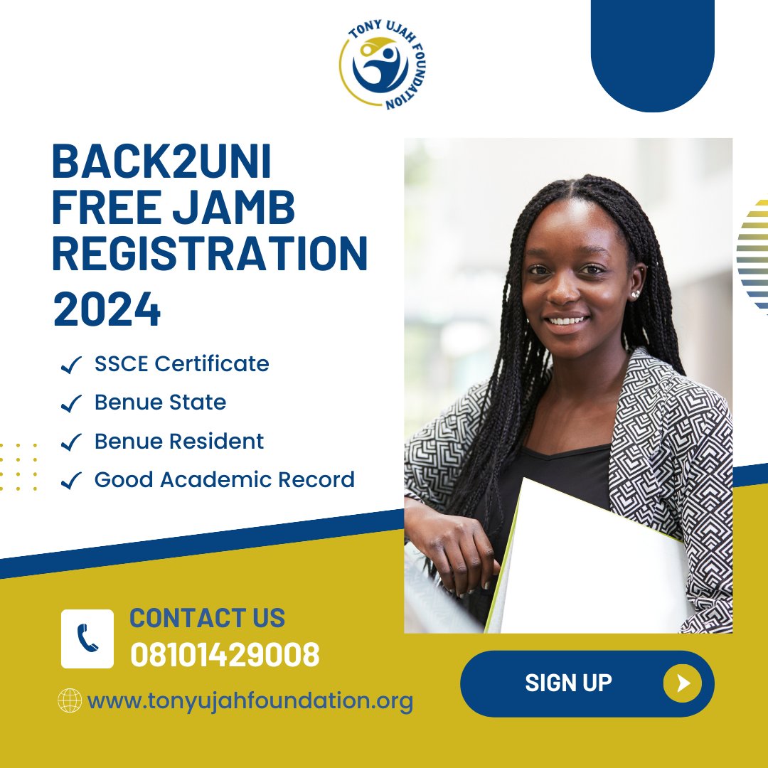 theTUFoundation's tweet photo. Are you a bright and ambitious student residing in Benue State? We're excited to announce that TUF (Back2Uni program) is offering FREE JAMB registration for 40 eligible students! To apply for free JAMB registration, simply fill this form https://t.co/z5vcvGCJpk https://t.co/Skhx3hL45w