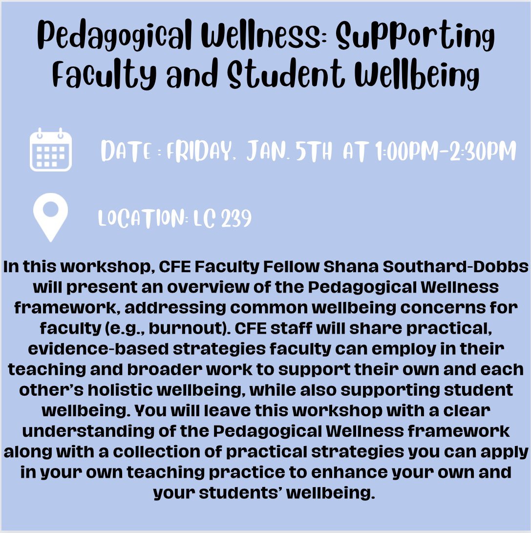 The CFE would like to remind and invite everyone to the Welcome Back Workshops for Spring 2024!