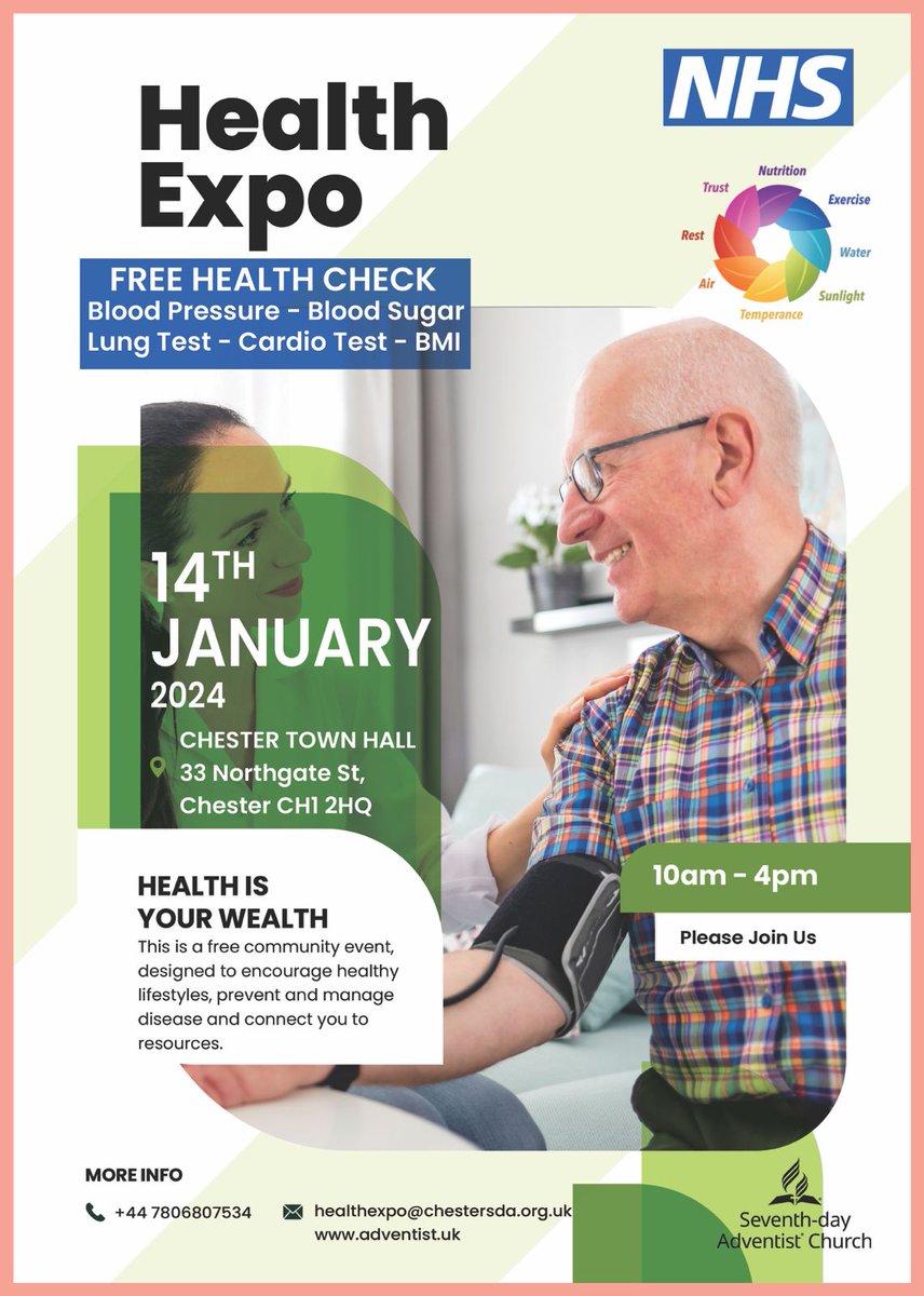 townhallchester's tweet photo. Start the new year with a FREE health check.
On Sunday 14 January, free health checks will be a available at Chester Town Hall. No need to book, just turn up and receive advice on how to improve your health.
#WhatsOnChester @shitchester @cheapchester #freechester #freeevents https://t.co/0LnaQ7ZRX7