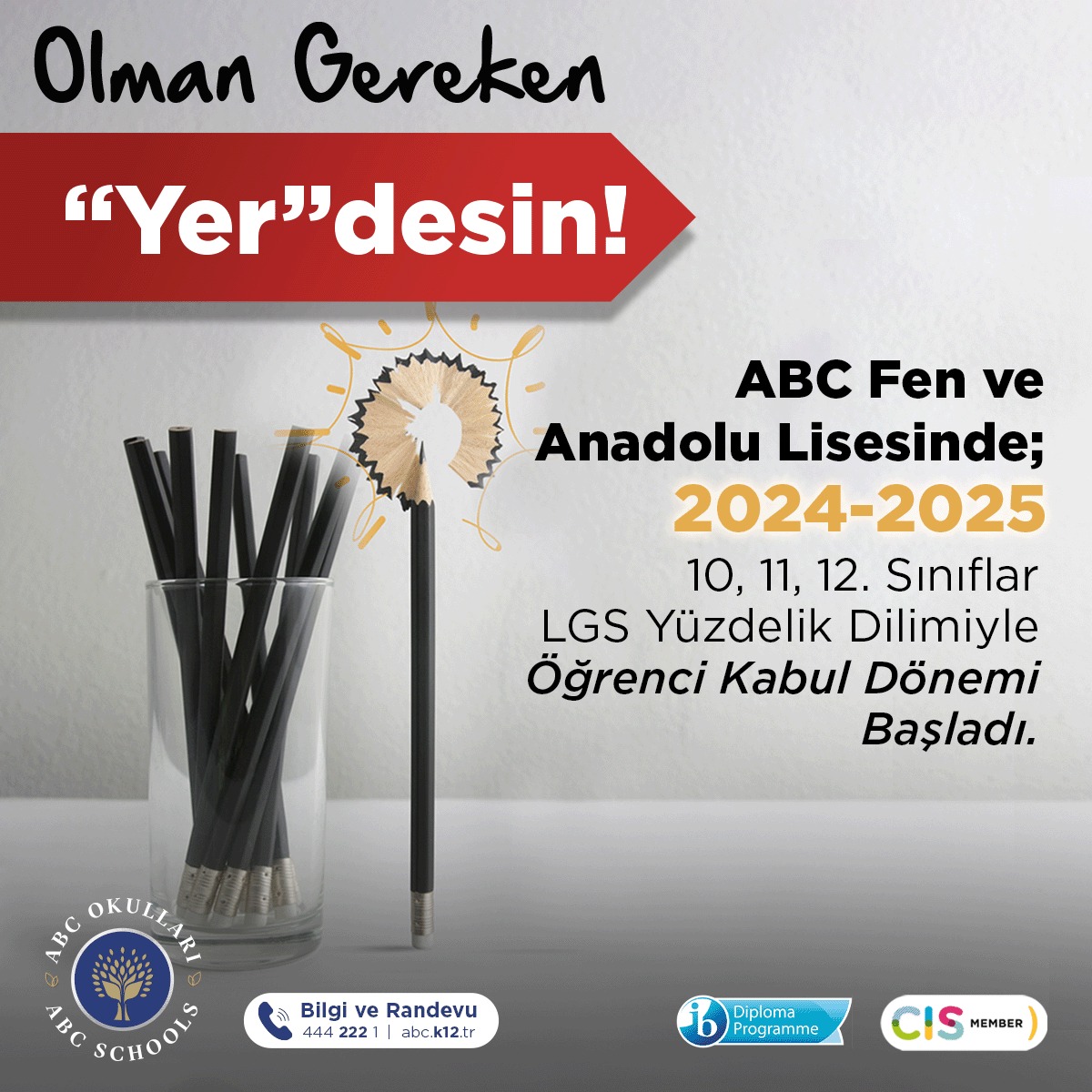 Özel Ankara ABC Okulları 2024-2025 Eğitim öğretim yılı Öğrenci Kabul ve Bursluluk Sınavı kayıtları başlamıştır. Sınav yönergesine ve başvuru sayfamıza abc.k12.tr adresinden ulaşabilirsiniz. Not 1: 2024 Yılı Kabul ve Bursluluk Sınavı 2024-2025 eğitim öğretim yılında…