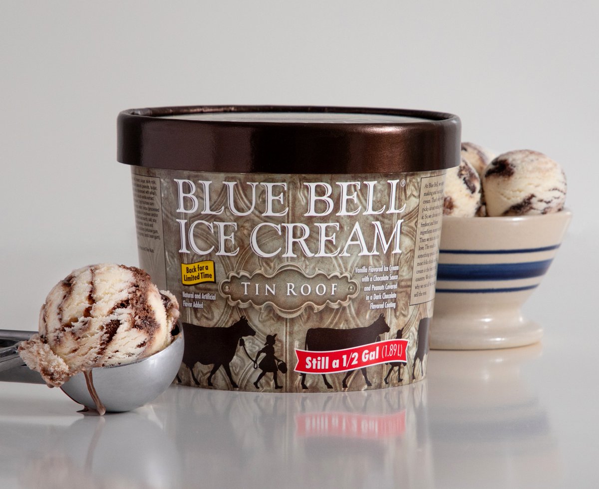 ILoveBlueBell's tweet photo. Let’s start the new year with a classic! Tin Roof returns to stores beginning today. Tin Roof is a vanilla flavored ice cream with a rich chocolate sundae sauce and roasted peanuts dipped in a dark chocolate flavored coating. Available in the half gallon size for a limited time. https://t.co/CknrQkA919