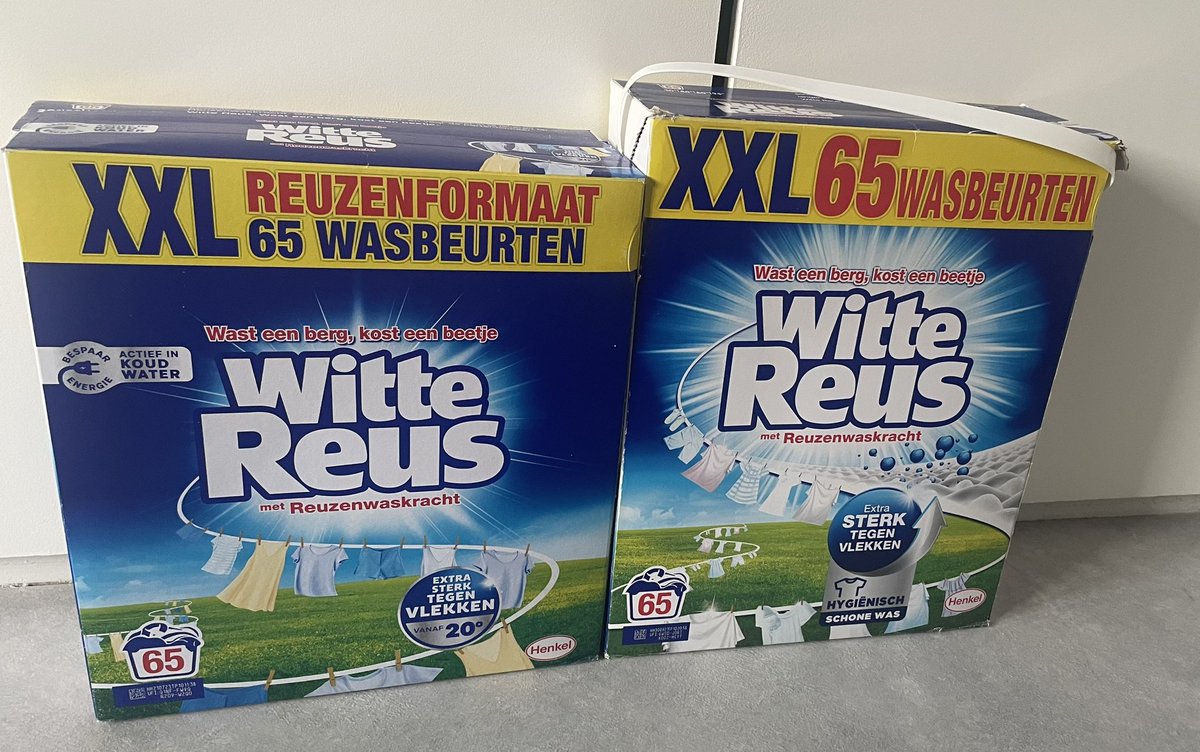 deKantwerkster's tweet photo. Witte reus is witte dwerg geworden… ik dacht dat ze economischer met de verpakking om waren gegaan; want de doos is altijd veel te groot voor de inhoud, maar er zit nu dus ook minder in. Is de waskracht verbeterd, kan je met 325 gram minder ook nog 65 keer de was doen? @Henkel https://t.co/61w1bAKkmp