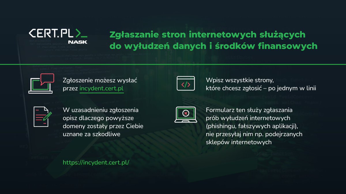 CERT_Polska's tweet image. Zastanawialiście się jak najlepiej zgłosić incydenty do naszego zespołu? Poniżej znajdziecie grafiki, które pokażą Wam jak w prosty sposób możecie przekazać do nas różne rodzaje oszustw komputerowych.