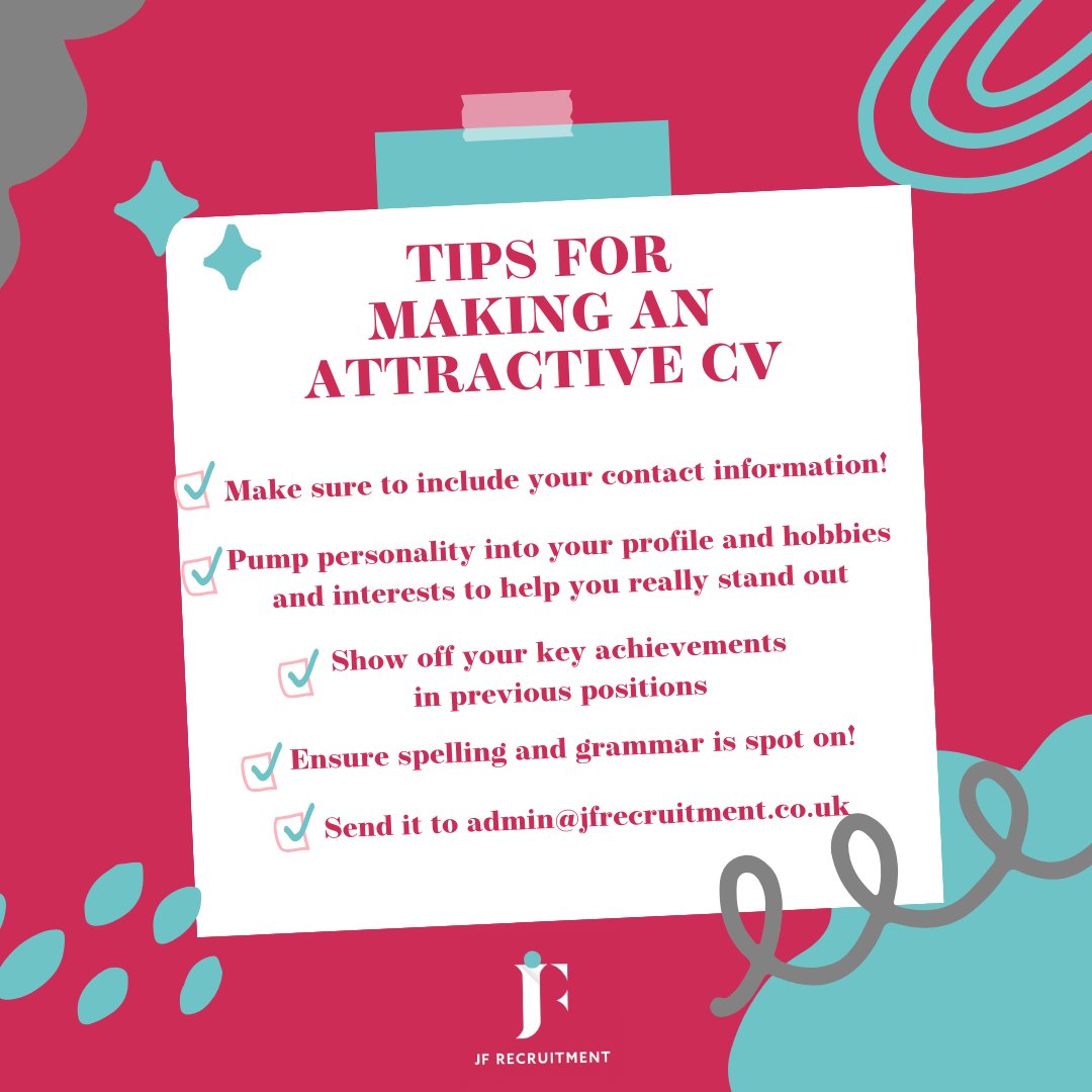Jo Finnerty Recruit (@joannefinnerty) on Twitter photo Here's some of our top tips for making your CV stand out from the crowd in 2024. Want a template? Drop us an email admin@jfrecruitment.co.uk and we'll send you our CV template. #cvhelp #jfrecruitment #cvtips #makeyourcvstandout #recruiter Here's some of our top tips for making your CV stand out from the crowd in 2024. Want a template? Drop us an email admin@jfrecruitment.co.uk and we'll send you our CV template. #cvhelp #jfrecruitment #cvtips #makeyourcvstandout #recruiter