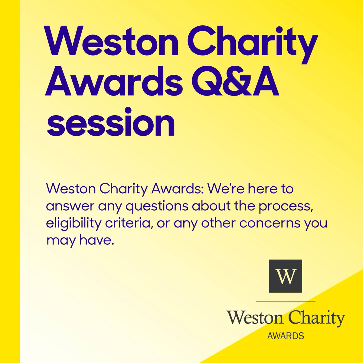 Got questions about the #WestonCharityAwards? We're answering them all in the final session today. Sign up here: buff.ly/46MAC6Y The online Zoom session starts at 2pm. See you there! #CharityLeadership #Impact #10YearsOfImpact