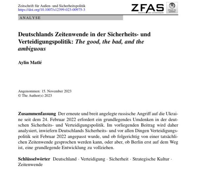 AylinMatle's tweet image. "Deutschlands #Zeitenwende in der Sicherheits- und Verteidigungspolitik: The good, the bad, and the ambiguous", my latest analysis of 🇩🇪's #seachange nearly 2 years after its proclamation in Zeitschrift für Außen- und Sicherheitspolitik (in German): link.springer.com/article/10.100…