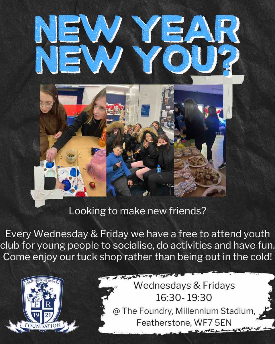 The Youth Club Returns. A free of charge safe place for young people to socialise and have fun! Youth club starts back on Wednesday 10.01.24 & Friday 12.01.24 For more info please contact foundation.admin@featherstonerovers.co.uk #BlueWall