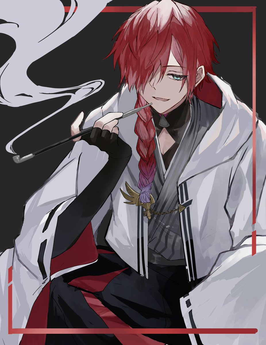 1boy braid male focus red hair solo japanese clothes smoking pipe  illustration images