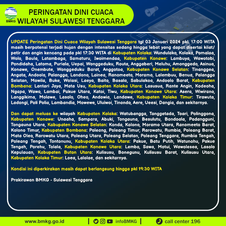 Update Peringatan Dini Cuaca Wilayah - Sulawesi Tenggara Tgl. 03 Januari 2024 pkl. 17:30 WITA Prakirawan - BMKG - Sulawesi Tenggara nowcasting.bmkg.go.id/nowcast?kodwil…