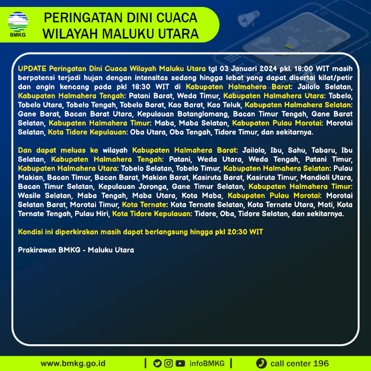 Update Peringatan Dini Cuaca Wilayah - Maluku Utara Tgl. 03 Januari 2024 pkl. 18:30 WIT Prakirawan - BMKG - Maluku Utara nowcasting.bmkg.go.id/nowcast?kodwil…