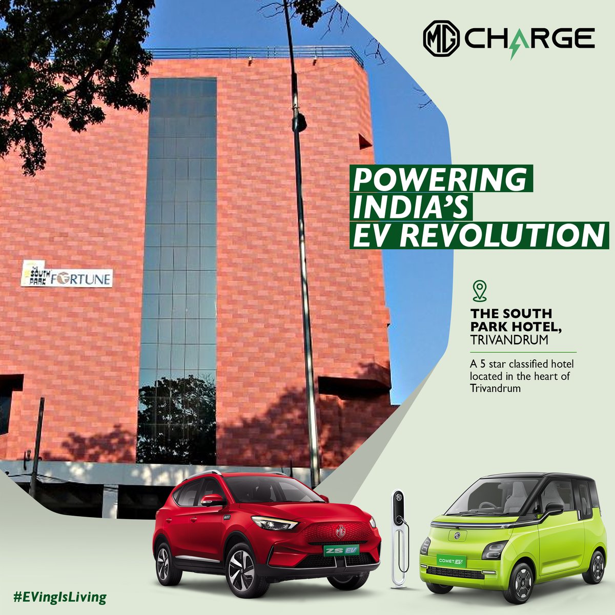 MG Charge, a pioneering force in making charging easy and accessible to EV owners, is thrilled to announce the successful installation of EV charging infrastructure at the South Park Hotel in Trivandrum.

To join the MG Charge initiative, please visit mgmotor.co.in/tools/mg-charge
