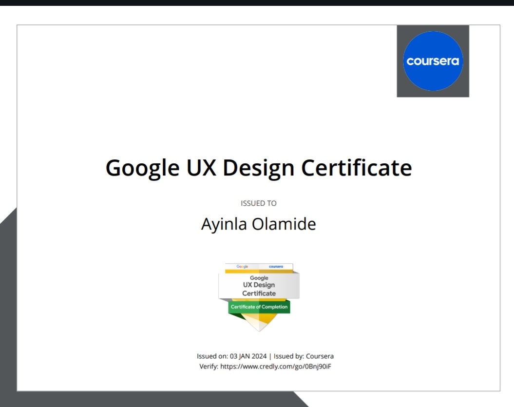 Hello designers. I just completed a Google UX design professional certificate course on coursera.
 
Thanks @pragmaticreator   for introducing me to the platform.

Thanks to my friends for the feedback during the course, you are highly appreciated.

#growwithgoogle #uxdesign