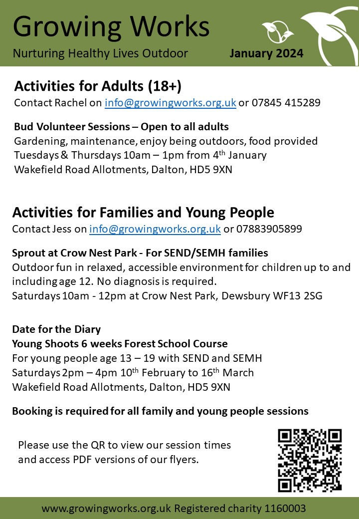 Growing Works (@growingworks) on Twitter photo Lots of outdoor sessions at Growing Works to help new resolutions to get outdoors more.
Adult volunteering groups every Tues and Thurs at Dalton; Sprout is for SEND/SEMH families at Dewsbury every Saturday and Young Shoots course for teenagers. Contact info@growingworks.org.uk Lots of outdoor sessions at Growing Works to help new resolutions to get outdoors more.
Adult volunteering groups every Tues and Thurs at Dalton; Sprout is for SEND/SEMH families at Dewsbury every Saturday and Young Shoots course for teenagers. Contact info@growingworks.org.uk