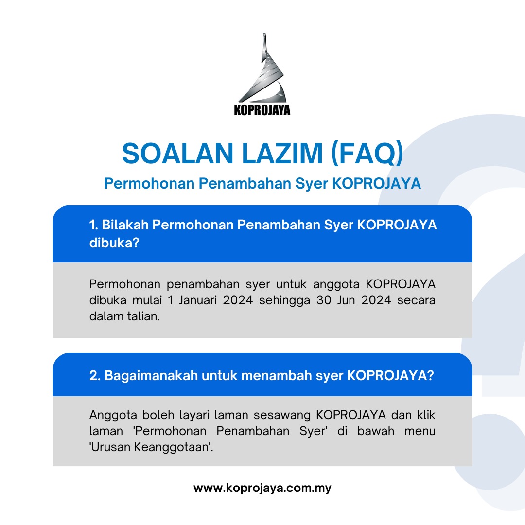 Koprojaya's tweet photo. PERMOHONAN PENAMBAHAN SYER KOPROJAYA KINI DIBUKA

Ketahui Soalan Lazim tentang Permohonan Penambahan Syer KOPROJAYA di sini

Untuk memohon, sila layari laman web KOPROJAYA di https://t.co/oal2ixtcqF https://t.co/ro8hww0hgR