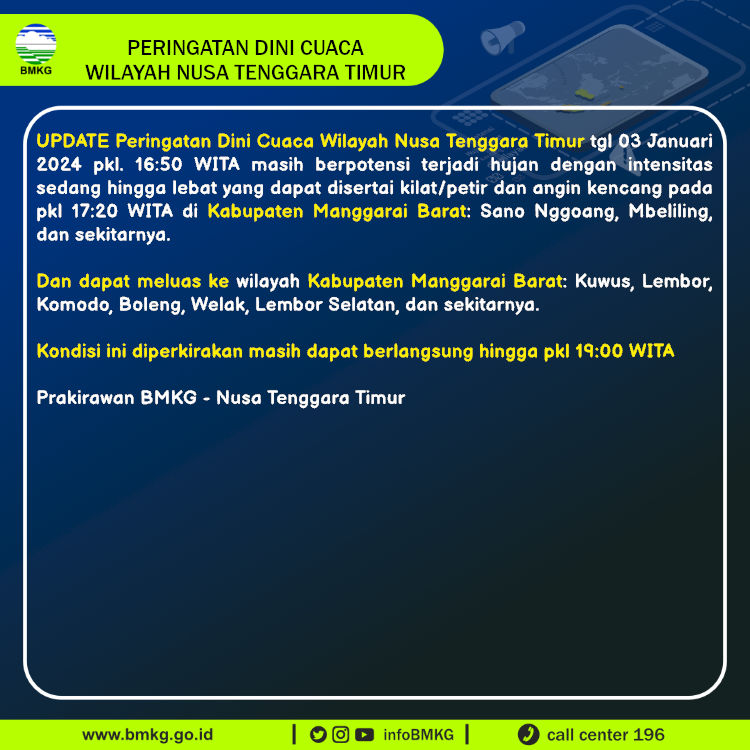 Update Peringatan Dini Cuaca Wilayah - Nusa Tenggara Timur Tgl. 03 Januari 2024 pkl. 17:20 WITA Prakirawan - BMKG - Nusa Tenggara Timur nowcasting.bmkg.go.id/nowcast?kodwil…