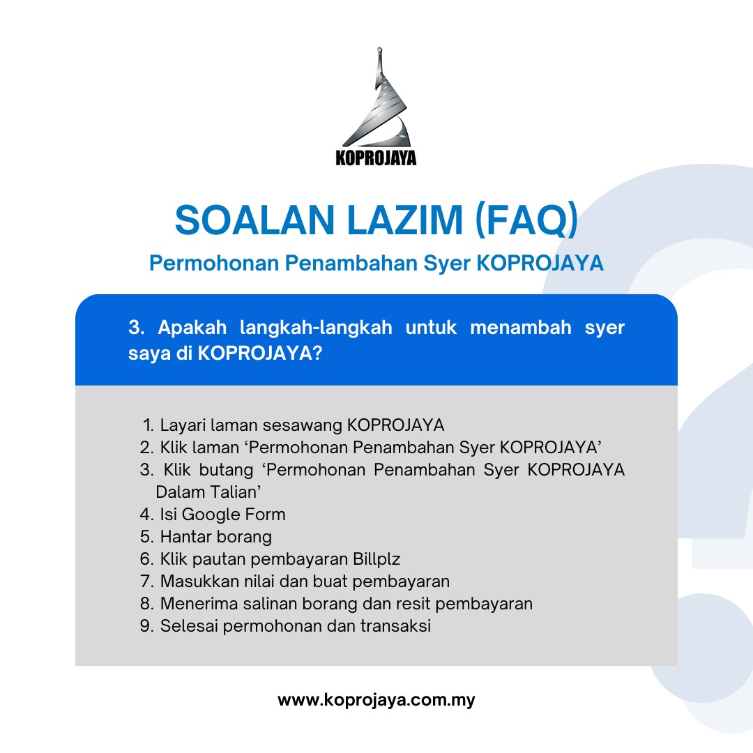Koprojaya's tweet photo. PERMOHONAN PENAMBAHAN SYER KOPROJAYA KINI DIBUKA

Ketahui Soalan Lazim tentang Permohonan Penambahan Syer KOPROJAYA di sini

Untuk memohon, sila layari laman web KOPROJAYA di https://t.co/oal2ixtcqF https://t.co/ro8hww0hgR