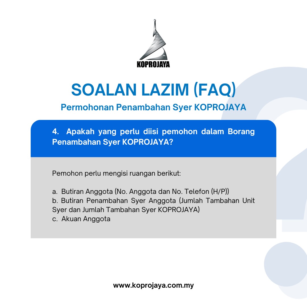Koprojaya's tweet photo. PERMOHONAN PENAMBAHAN SYER KOPROJAYA KINI DIBUKA

Ketahui Soalan Lazim tentang Permohonan Penambahan Syer KOPROJAYA di sini

Untuk memohon, sila layari laman web KOPROJAYA di https://t.co/oal2ixtcqF https://t.co/ro8hww0hgR