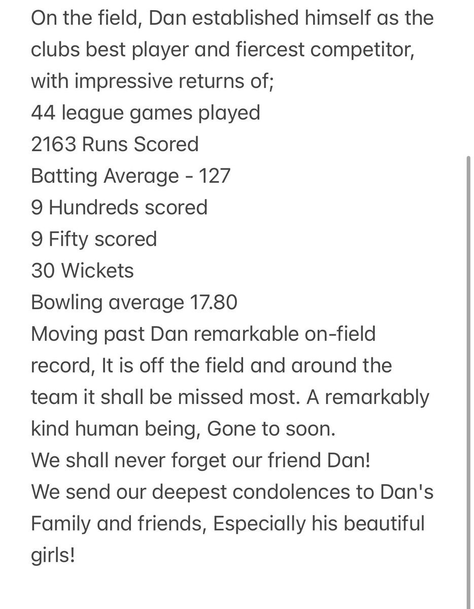 wowscricket's tweet photo. We are Sad to announce the passing of our Friend Daniel Vihm…. Please read our club statement below. https://t.co/zp1IPzEHRD