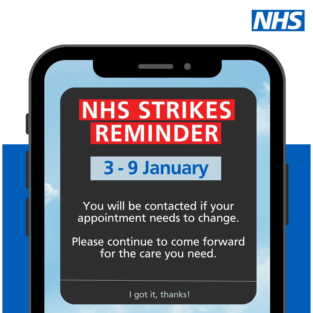 Many NHS doctors are striking from today until Tuesday 9 January. If you have an appointment that needs to be rescheduled you will be contacted. If you need urgent help contact your GP or ring 111. In an emergency dial 999. For more information, visit orlo.uk/F6ZBO