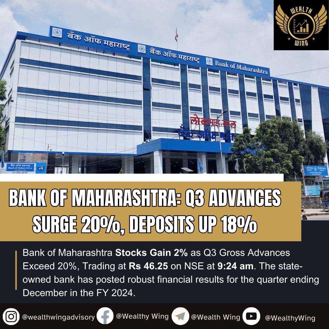 Bank of Maharashtra Thrives in Q3: 20% Growth in Advances, 18% in Deposits. 📈💰
.     
.      
.      
.     
Turn on post notifications for more📷

#BankingGrowth #FinancialPerformance