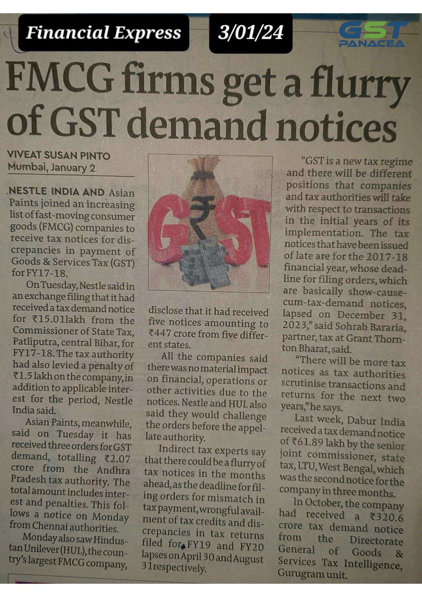 abhishekrajaram's tweet photo. FMCG firms get a flurry of GST demand notices
#taxation #demandnotices #FMCG #GST #taxcompliance https://t.co/QT25cE7Kt7