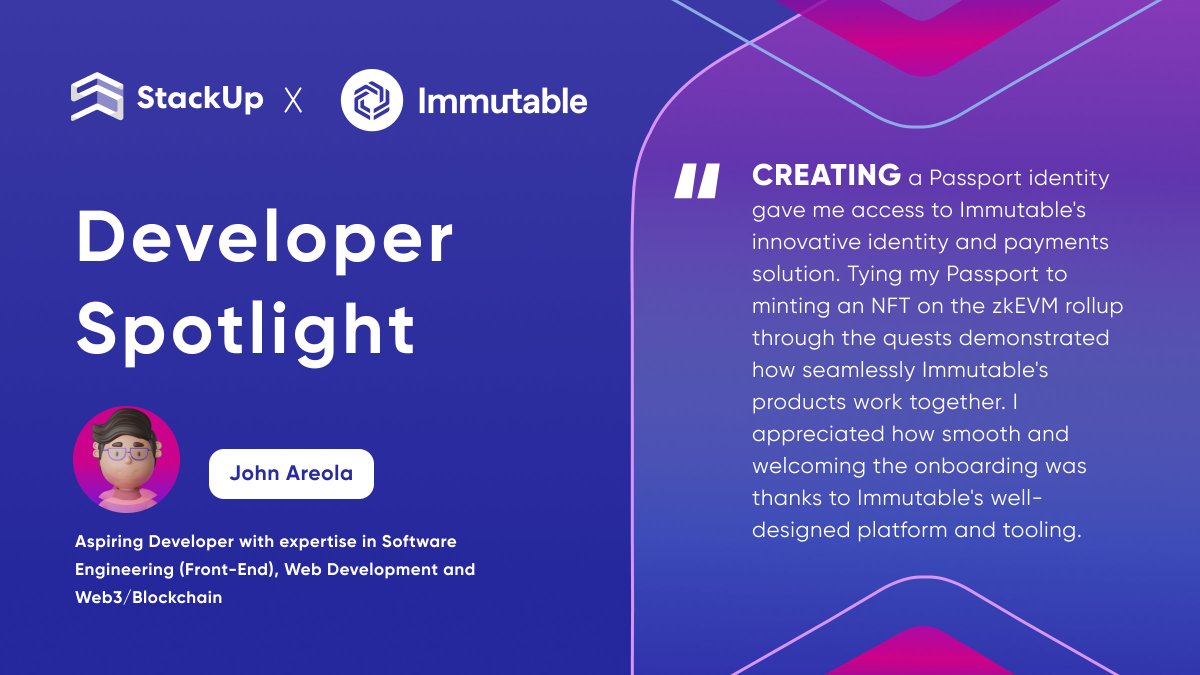 StackUpHQ's tweet image. 📸On this week’s #devspotlight, @JonnieDev shares his experience of building on @Immutable! Not only did he discover the seamless process of minting an NFT on the #zkEVM rollup &amp;amp; tying it to his Passport, he also opened new possibilities to build more integrated solutions. 🚀…