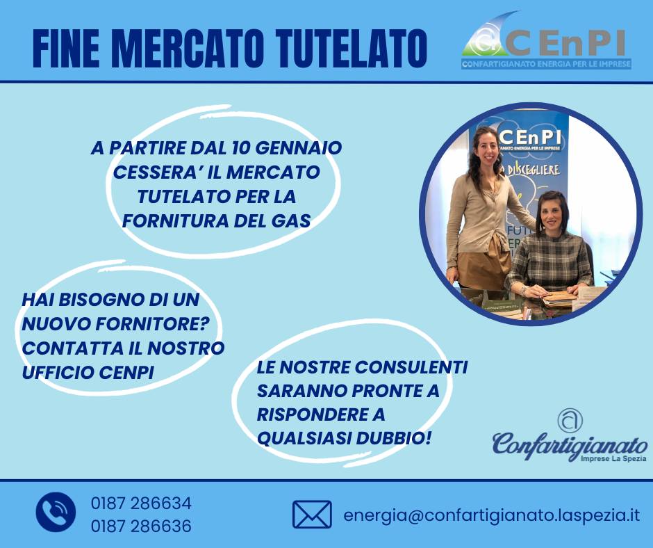 A partite dal 10 gennaio cesserà il mercato tutelato per la fornitura del gas. Chiama le nostre esperte Sara Strata e Valentina Tarantola del CENPI per la fornitura sul mercato libero: tel. 0187286634-36
#gas #energia #cenpi #confartigianato #laspezia