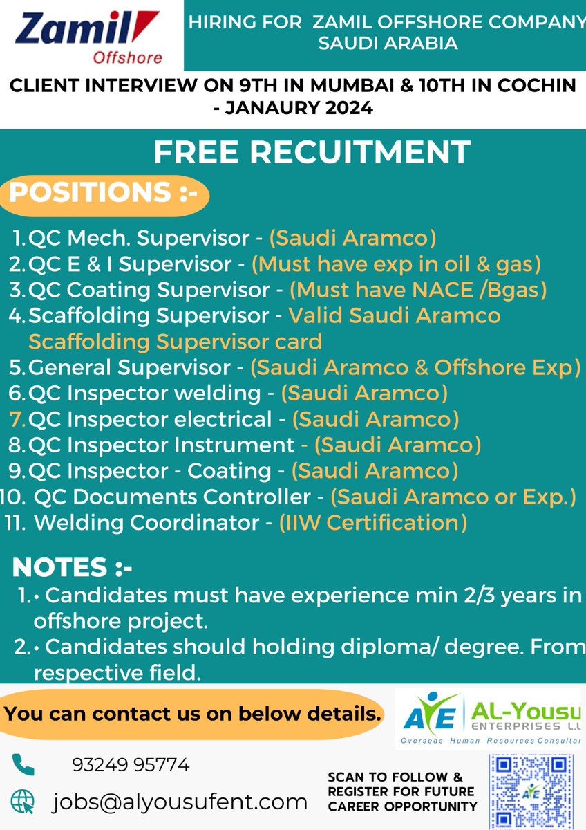 HR08 #JobsInSaudiArabia #Hiring for #Aramco Project  #Saudi_Arabia 
 #Apply Now – jobs@alyousufent.com
Positions:#QC Mechanical Supervisor #QC E & I Supervisor #QC Coating Supervisor #Scaffolding Supervisor #General Supervisor #QC Inspector – Welding #QC Inspector – Electrical