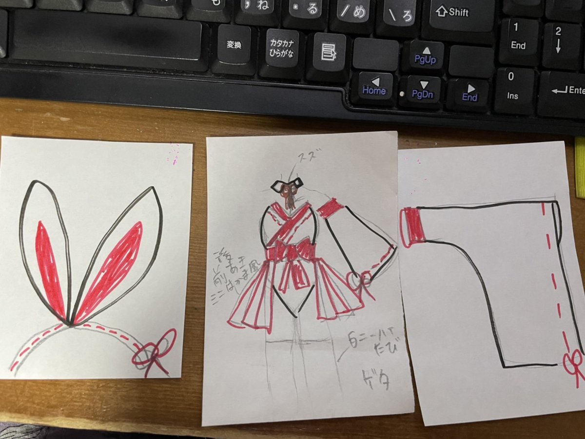 この巫女バニー衣装は、葵ちゃんの怪文書を解読してデザイン画も描きおろしました☺️🐰1月19日のトークショーで着てもらうので、みんなお楽しみに🤍❤️⛩️❤️🤍 