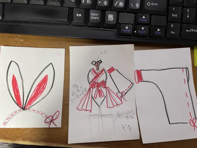 この巫女バニー衣装は、葵ちゃんの怪文書を解読してデザイン画も描きおろしました☺️🐰1月19日のトークショーで着てもらうので、みんなお楽しみに🤍❤️⛩️❤️🤍 