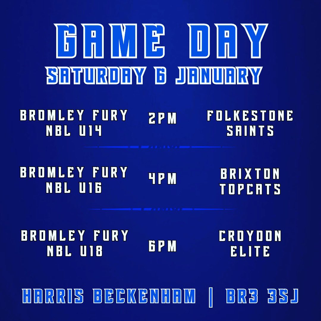 🏀 𝗧𝗥𝗜𝗣𝗟𝗘 𝗛𝗘𝗔𝗗𝗘𝗥 🏀 All three of our NBL teams are back in action this Saturday taking on Saints Basketball Folkestone, <a href="/brixtontopcats/">Brixton Topcats</a> + <a href="/CroydonElite/">Croydon Elite</a> at home. 

Come along, support the teams and Bring The Fury 🔥

#bromleybasketball  #NBL #basketballengland #UKhoops