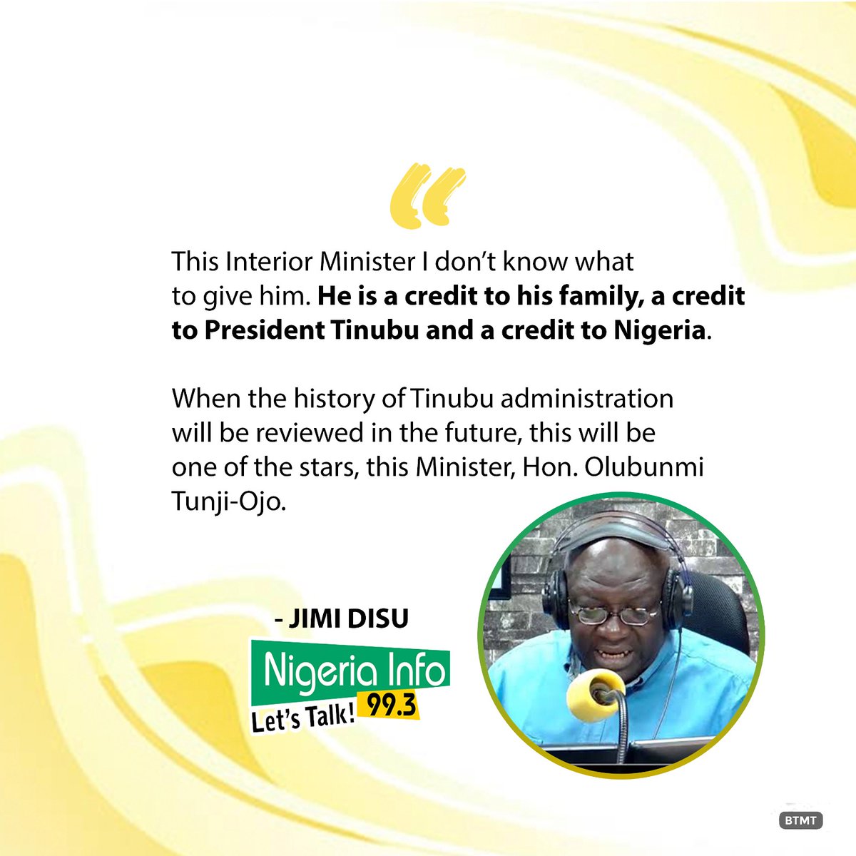 queen_chocochip's tweet photo. Mr Jimi Disu of Nigeria info 99.3 commending Hon Olubunmi Tunji Ojo as his Man of the Year. Your work will always speak for itself
#ImpactofBTO
#RenewedHope
#NewDawnWithBTO https://t.co/p0YCOYnzSk