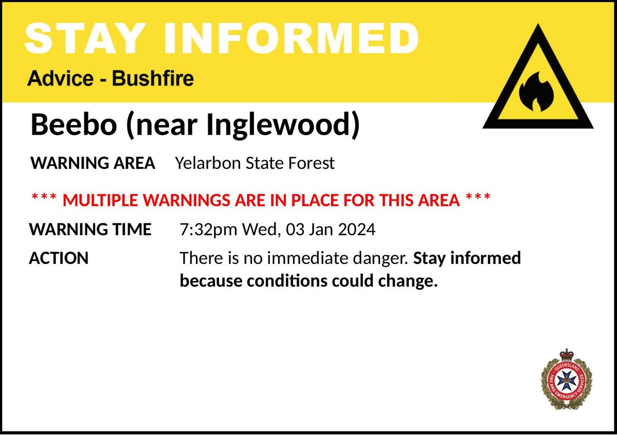 STAY INFORMED - Beebo (near Inglewood) - Multiple Warnings - fire as at 7:32pm Wednesday, 3 January 2024. For all current warnings, updates and mapping go to qfes.qld.gov.au/Current-Incide….