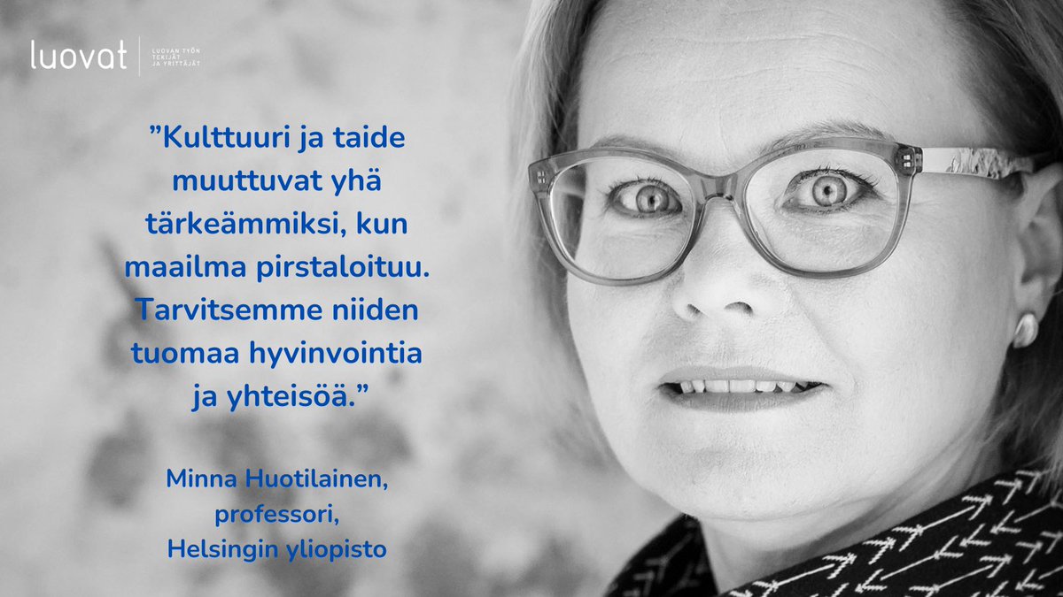 Kulttuurilla ja taiteella on suurta arvoa myös hyvinvoinnin luojana. Kokosimme presidenttiehdokkaille esitteen luovien alojen arvosta Suomelle, mutta aihe koskettaa meitä kaikkia. Lue lisää: luovat.org/ajankohtaista/…
#luovatalat #luovasiirtymä #kulttuurialat